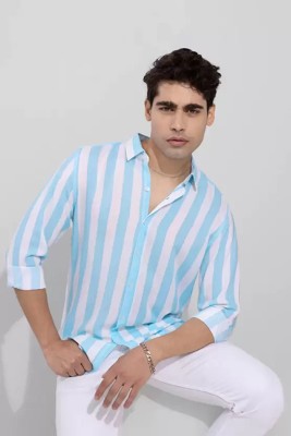 SHIVINA Men Striped Casual Light Blue, White Shirt