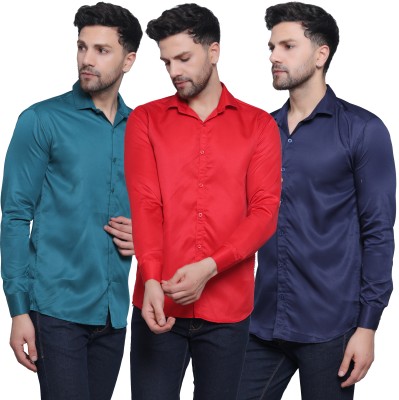 FILNECH Men Solid Casual Dark Blue, Blue, Red Shirt(Pack of 3)