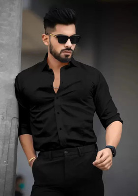 MOONBELL Men Solid Casual Black Shirt