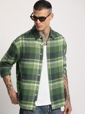 THE BEAR HOUSE Men Checkered Casual Dark Green, White, Grey Shirt