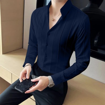 KALP CRAZE Men Striped Casual Dark Blue Shirt