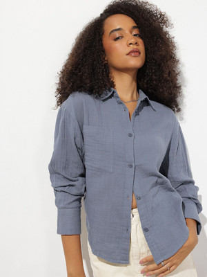 Roadster Women Self Design Casual Grey Shirt