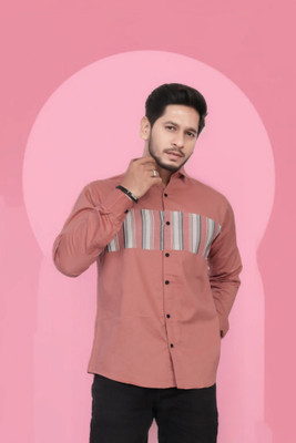U AND J TREND Men Solid, Striped Casual Pink Shirt