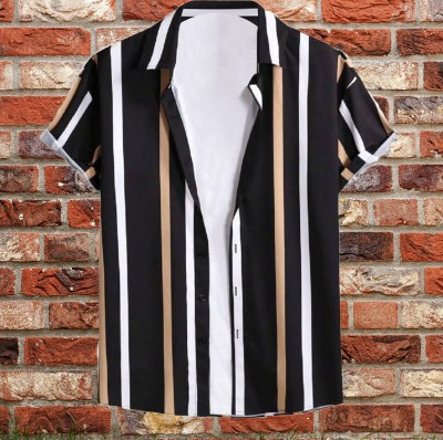 flying queen Men Striped Casual Black Shirt