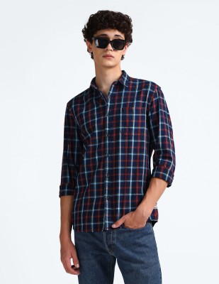 FLYING MACHINE Men Checkered Casual Blue Shirt