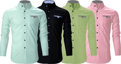 FINIVO FASHION Men Solid Casual Black, Pink, Light Green Shirt(Pack of 4)