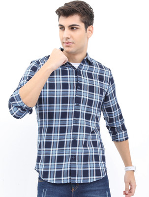 HIGHLANDER Men Checkered Casual Dark Blue, Blue, White Shirt