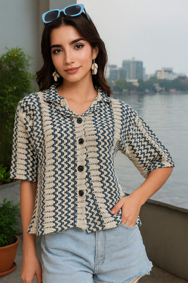 Dressberry Women Self Design Casual Blue Shirt