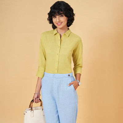 Annabelle by Pantaloons Women Solid Formal Green Shirt