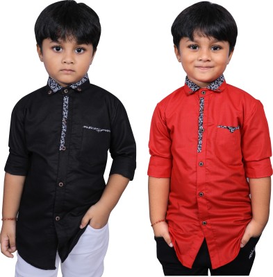 BOUGHT FIRST Boys Self Design Casual Black, Red Shirt(Pack of 2)