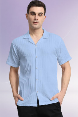 A DEEMOON TREND Men Self Design Casual Light Blue Shirt