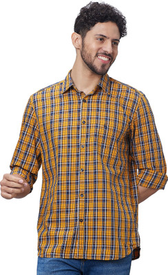 PARX Men Checkered Casual Dark Blue, Yellow, White Shirt