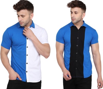 BEYOU FASHION Men Solid, Striped Casual Black, White, Blue Shirt(Pack of 2)