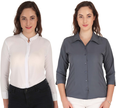 Hunoor Women Solid Formal White, Grey Shirt(Pack of 2)