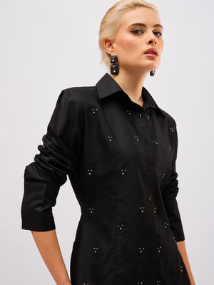 SASSAFRAS Women Solid Party Black Shirt