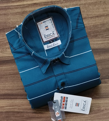 Erica Men Striped Casual Blue, Black, White Shirt