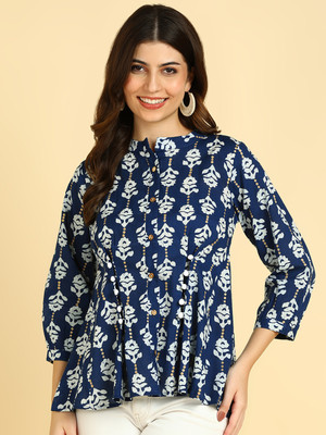 maaesa Women Printed Casual Blue Shirt