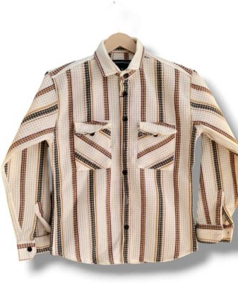 UNIQUE WORLD Men Solid Casual Beige, Brown Shirt