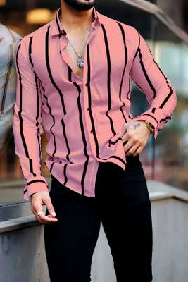 dream believe fashion Men Striped Casual Pink Shirt