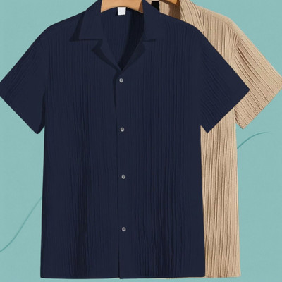 Looksky Men Striped, Self Design, Solid Casual Dark Blue, Cream Shirt