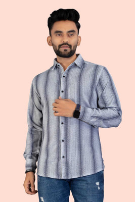 Karmsilk Creation Men Striped Formal Grey, Dark Blue Shirt