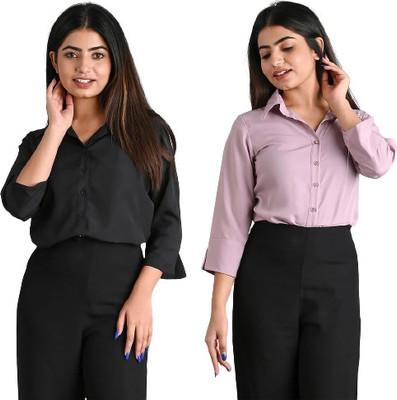 GM SARA Women Solid Formal Black Shirt(Pack of 2)