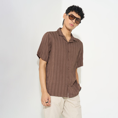 PEOPLE Men Self Design Casual Brown Shirt