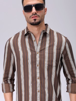 The Indian Garage Co. Men Striped Casual Khaki Shirt