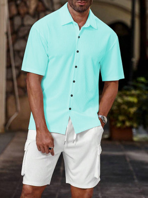 Marmic Fab Men Self Design Casual Light Blue Shirt