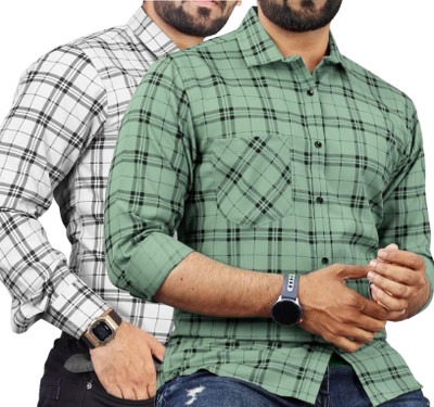 Click Everyday Men Checkered Casual Green, White Shirt(Pack of 2)