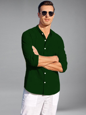 Apektra Men Solid Casual Dark Green Shirt