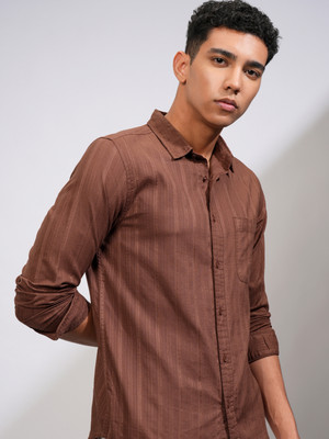 HIGHLANDER Men Striped Casual Brown Shirt