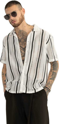 DUCCKCREATION Men Self Design, Striped Formal White Shirt