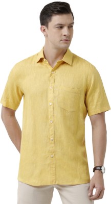 Linen Club Men Solid Casual Yellow Shirt