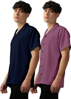 OXXOM Men Self Design Casual Dark Blue, Purple Shirt(Pack of 2)