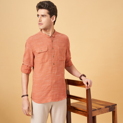 7 Alt by Pantaloons Men Self Design Casual Orange Shirt