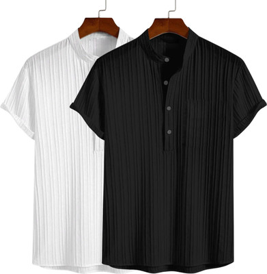 FUBACK Men Self Design Casual White, Black Shirt
