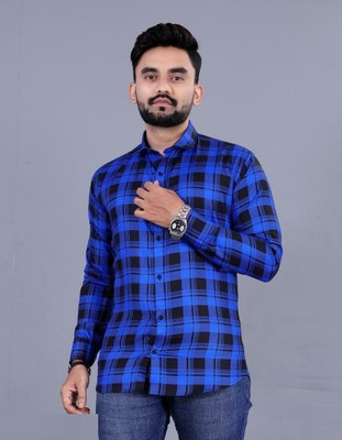 LYZOO FASHION Men Checkered Casual Blue Shirt
