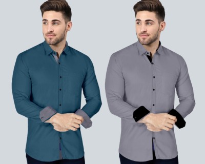 VTEXX Men Solid Formal Blue, Grey Shirt(Pack of 2)