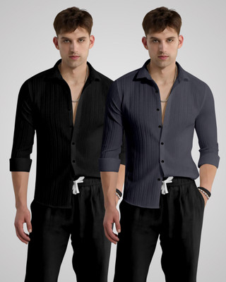 KRUZEE Men Self Design Casual Black, Grey Shirt(Pack of 2)