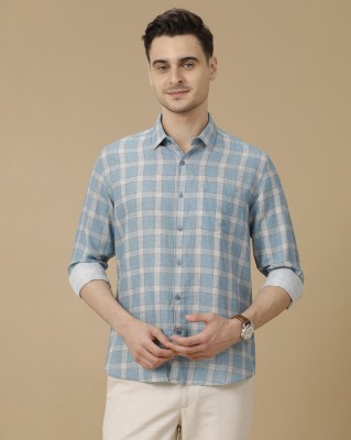 Linen Club Men Checkered Casual Blue Shirt