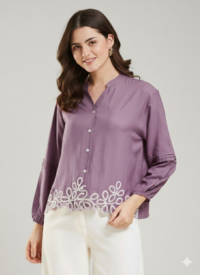 J TURRITOPSIS Women Embroidered Casual Purple Shirt