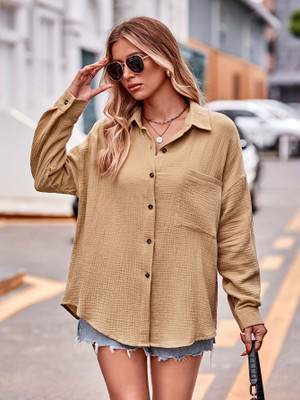 OUTZIDR Women Self Design Casual Brown Shirt