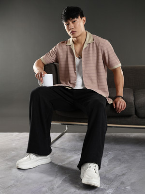 Eszett Men Self Design, Striped Casual Cream Shirt