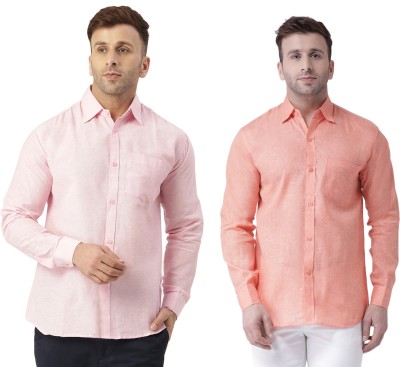 RIAG Men Solid Casual Pink, Orange Shirt(Pack of 2)