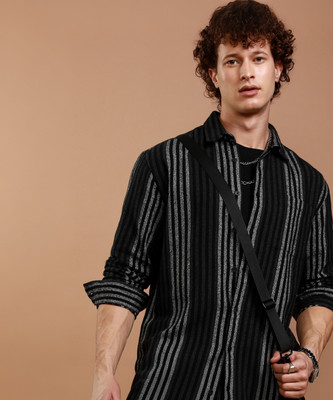 HIGHLANDER Men Striped Casual Black Shirt