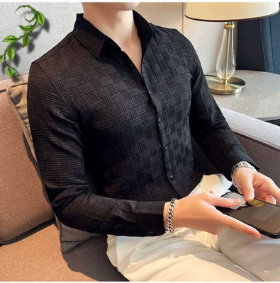 Kadhare Fashion Men Self Design Casual Black Shirt