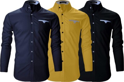 FINIVO FASHION Men Solid Casual Black, Dark Blue, Yellow Shirt(Pack of 3)