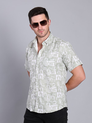 RARE CAMEL Men Geometric Print Casual Green, White Shirt