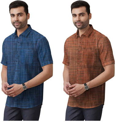 Fems Men Solid Formal Blue, Orange Shirt(Pack of 2)